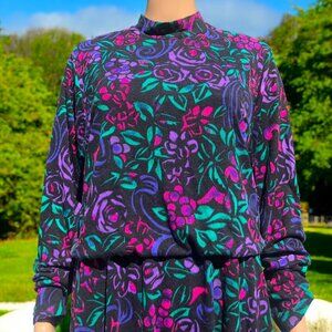 SHERRI LYNN Vintage Purple Floral Pattern High Neckline Long Sleeve Dress Sz M